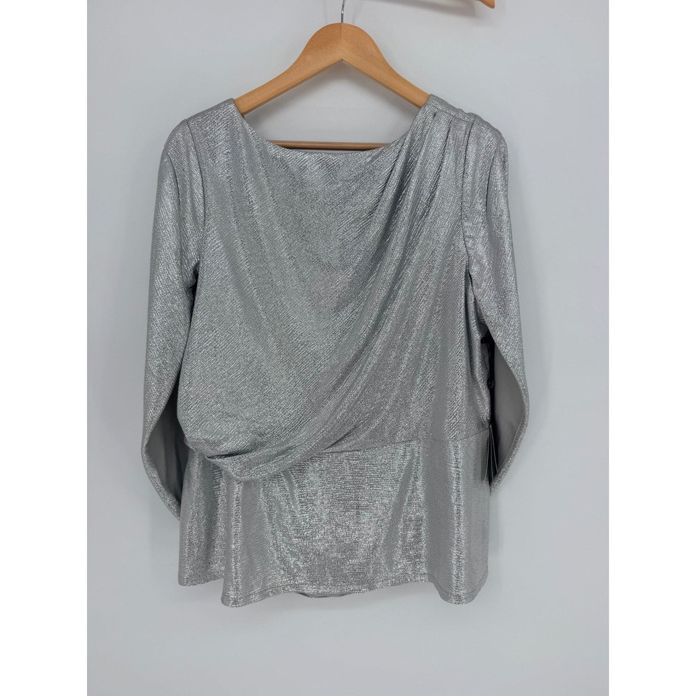Adrianna‎ Papell Metallic Draped Top 16W Silver Shimmer Holiday Glam Party
